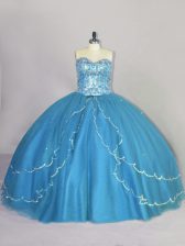  Beading Sweet 16 Quinceanera Dress Blue Lace Up Sleeveless Brush Train