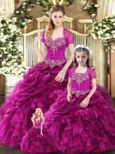 Eye-catching Fuchsia Lace Up Sweetheart Beading and Ruffles and Pick Ups Vestidos de Quinceanera Organza Sleeveless