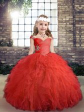  Straps Sleeveless Little Girls Pageant Dress Wholesale Floor Length Beading and Ruffles Red Tulle