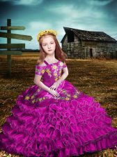 Cute Fuchsia Short Sleeves Floor Length Embroidery and Ruffled Layers Lace Up Pageant Gowns For Girls