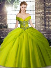 Adorable Brush Train Ball Gowns Quinceanera Gown Olive Green Off The Shoulder Tulle Sleeveless Lace Up
