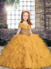  Gold Straps Lace Up Beading Girls Pageant Dresses Sleeveless