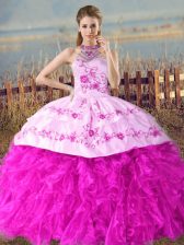 Sleeveless Organza Court Train Lace Up Vestidos de Quinceanera in Fuchsia with Embroidery and Ruffles