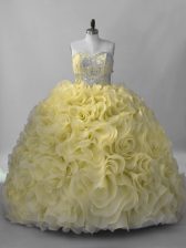 Yellow Fabric With Rolling Flowers Lace Up Sweetheart Sleeveless 15 Quinceanera Dress Beading