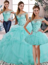 High Quality Aqua Blue Tulle Lace Up Off The Shoulder Sleeveless Floor Length Quince Ball Gowns Beading and Ruffles