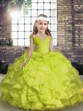 Beautiful Floor Length Yellow Green Kids Formal Wear Spaghetti Straps Sleeveless Lace Up