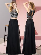 Fantastic Black Two Pieces Scoop Sleeveless Chiffon Floor Length Backless Beading Dress for Prom