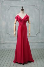  Straps Sleeveless Brush Train Zipper Hot Pink Chiffon