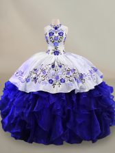 Clearance Halter Top Sleeveless Ball Gown Prom Dress Floor Length Embroidery and Ruffles Blue And White Organza