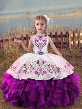  Floor Length Purple Kids Pageant Dress Organza Sleeveless Embroidery and Ruffles