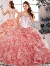  Ball Gowns Quinceanera Gown Watermelon Red Scoop Organza Sleeveless Floor Length Clasp Handle