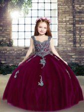  Spaghetti Straps Sleeveless Little Girl Pageant Dress Floor Length Appliques Fuchsia Tulle