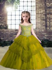 Stunning Floor Length Olive Green Little Girls Pageant Gowns Tulle Sleeveless Beading and Appliques