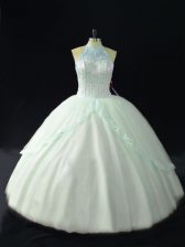Attractive Apple Green Ball Gowns Tulle Halter Top Sleeveless Beading Floor Length Lace Up Quince Ball Gowns