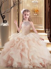  Pink Tulle Lace Up Girls Pageant Dresses Sleeveless Floor Length Brush Train Beading
