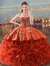 Beauteous Orange Red Sweet 16 Dresses Sweet 16 and Quinceanera with Embroidery and Ruffles Sweetheart Sleeveless Brush Train Lace Up