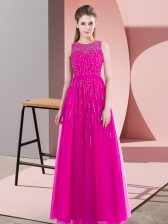 Amazing Scoop Sleeveless Dress for Prom Floor Length Beading Fuchsia Tulle