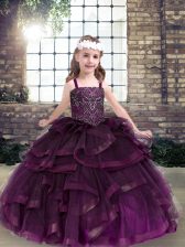  Eggplant Purple Tulle Lace Up Straps Sleeveless Floor Length Kids Pageant Dress Beading and Ruffles