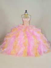 Sleeveless Organza Floor Length Lace Up Sweet 16 Dress in Multi-color with Beading and Ruffles