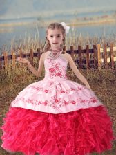  Floor Length Coral Red Girls Pageant Dresses Organza Sleeveless Beading and Embroidery and Ruffles