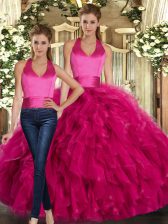  Floor Length Fuchsia Quinceanera Gown Tulle Sleeveless Ruffles