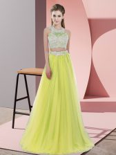 Flare Floor Length Yellow Damas Dress Halter Top Sleeveless Zipper