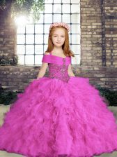 Modern Floor Length Lilac Little Girls Pageant Dress Tulle Sleeveless Beading and Ruffles
