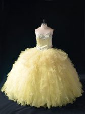 Most Popular Tulle Sweetheart Sleeveless Lace Up Ruffles Quinceanera Dress in Gold