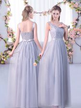  Grey Tulle Side Zipper V-neck Sleeveless Floor Length Dama Dress for Quinceanera Lace and Belt