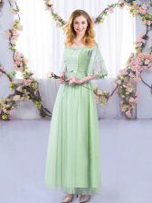  Floor Length Apple Green Dama Dress for Quinceanera Tulle Half Sleeves Lace and Belt