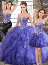 Graceful Sweetheart Sleeveless Sweet 16 Dresses Floor Length Beading and Ruffles Lavender Tulle