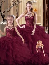New Arrival Scoop Sleeveless Tulle Vestidos de Quinceanera Beading and Ruffles Brush Train Lace Up