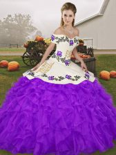 Clearance Purple Ball Gowns Organza Off The Shoulder Sleeveless Embroidery and Ruffles Floor Length Lace Up Sweet 16 Dresses