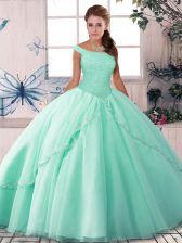 Glamorous Beading 15th Birthday Dress Apple Green Lace Up Sleeveless Brush Train