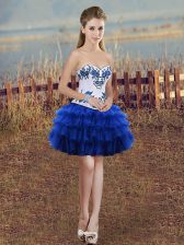 Cheap Mini Length Royal Blue Dress for Prom Organza Sleeveless Embroidery and Ruffled Layers