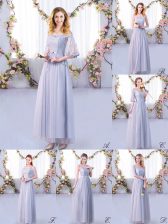  Grey Side Zipper Off The Shoulder Lace and Belt Quinceanera Dama Dress Tulle Half Sleeves