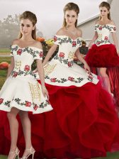  White And Red Sleeveless Tulle Lace Up Sweet 16 Dresses for Military Ball and Sweet 16 and Quinceanera