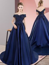  Off The Shoulder Sleeveless Quinceanera Gowns Lace Navy Blue Satin