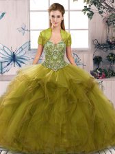 Artistic Tulle Off The Shoulder Sleeveless Lace Up Beading and Ruffles Sweet 16 Dresses in Olive Green