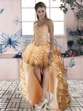  Organza Sleeveless High Low Prom Dress and Beading and Lace and Ruffled Layers