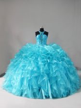 Lovely Aqua Blue Halter Top Lace Up Beading and Ruffles 15th Birthday Dress Brush Train Sleeveless