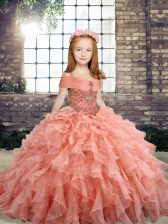  Beading and Ruffles Evening Gowns Peach Lace Up Sleeveless Floor Length