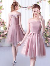 Dramatic Knee Length Pink Quinceanera Court of Honor Dress Off The Shoulder Sleeveless Lace Up