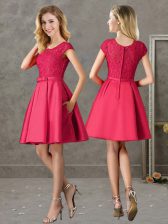 Sexy Red Satin Zipper Scoop Short Sleeves Mini Length Vestidos de Damas Lace