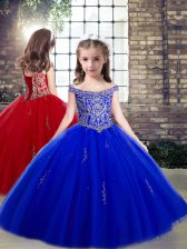 Fantastic Floor Length Lace Up Little Girl Pageant Dress Royal Blue for Party and Wedding Party with Beading and Appliques