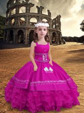 Inexpensive Fuchsia Satin and Organza Zipper Pageant Dresses Sleeveless Floor Length Embroidery and Ruffled Layers