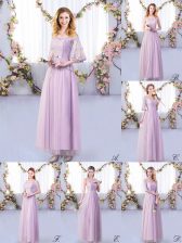 Inexpensive Lavender Tulle Side Zipper Dama Dress for Quinceanera Half Sleeves Floor Length Lace and Belt