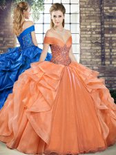 Modest Beading and Ruffles Ball Gown Prom Dress Orange Lace Up Sleeveless Floor Length