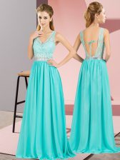 Smart Aqua Blue V-neck Neckline Beading and Lace and Appliques Sleeveless Backless