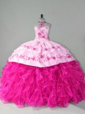Sumptuous Sleeveless Court Train Embroidery and Ruffles Lace Up Sweet 16 Dress